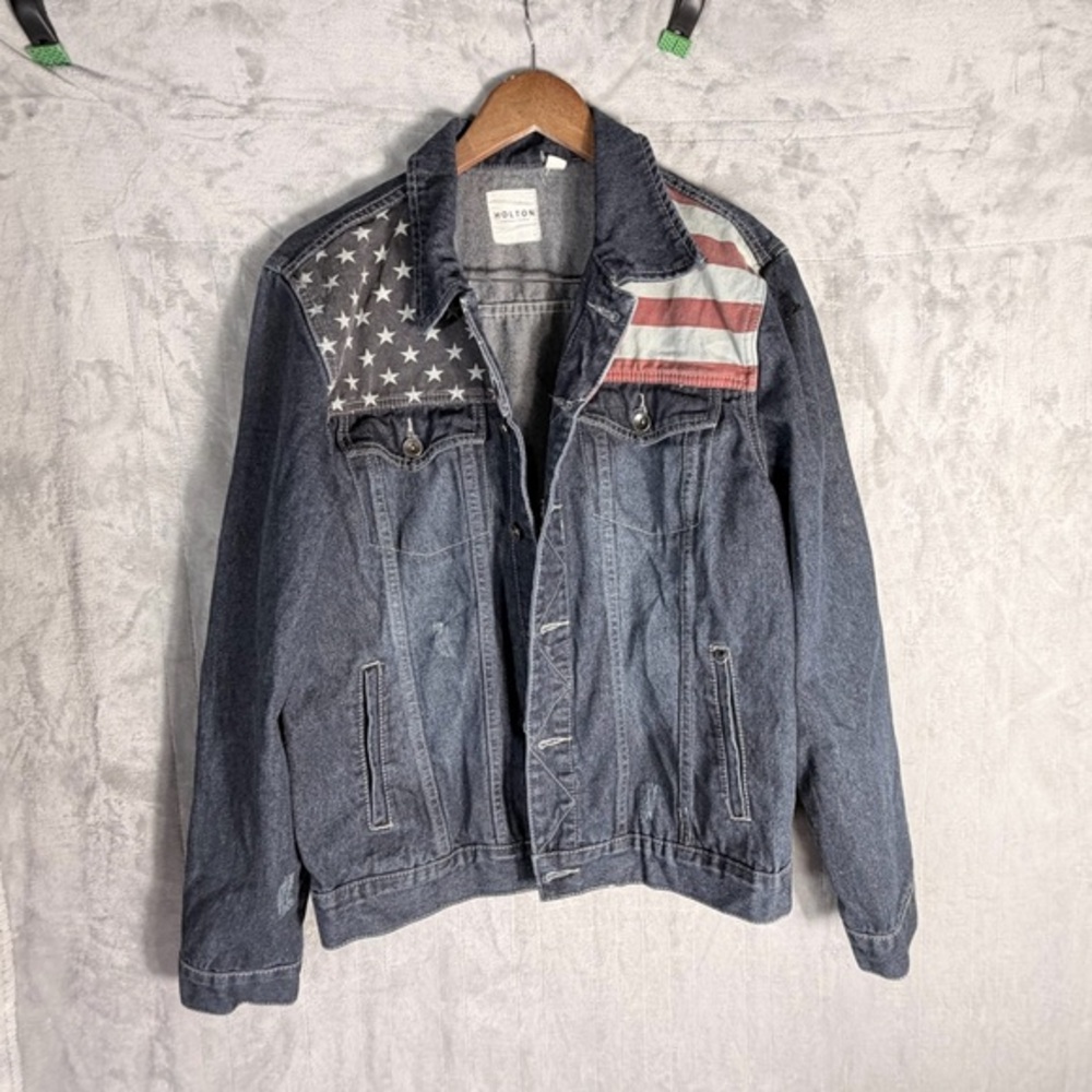 Holton Denim Jacket American Flag Patchwork Size … - image 1